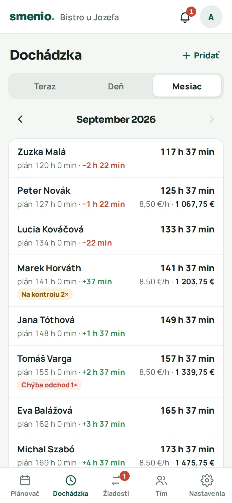 Mesačný prehľad: plánované a odpracované hodiny, rozdiel a orientačný výpočet podľa sadzby