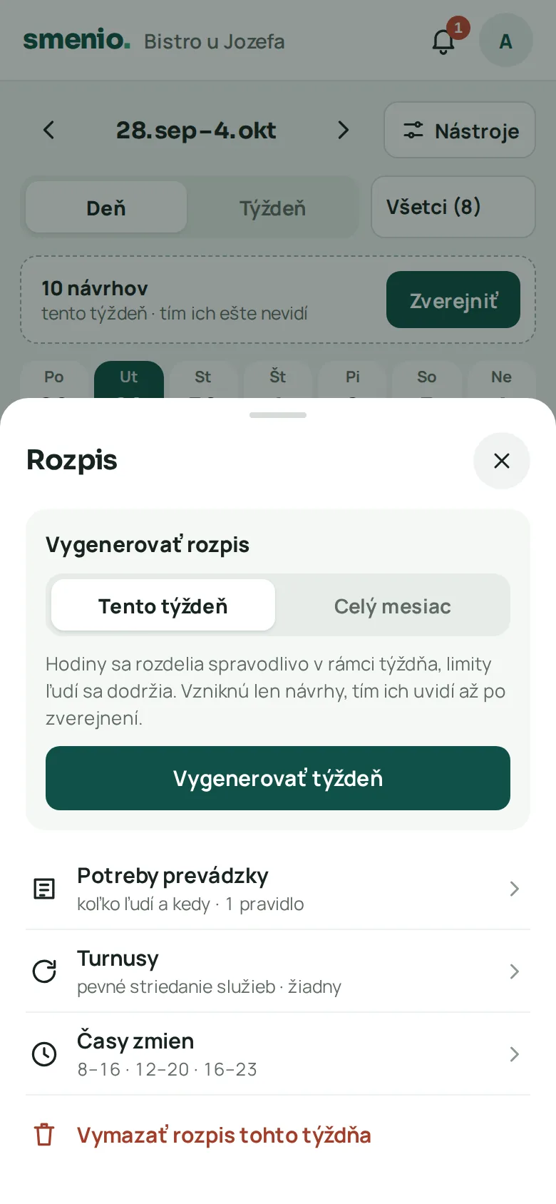 Panel Rozpis: vygenerovať rozpis na tento týždeň alebo celý mesiac, potreby prevádzky, turnusy a časy zmien
